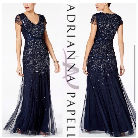ADRIANNA PAPELL Prom SZ 10 Cap Sl Dress Sequin Navy Blue Beaded Gown Sleeve $229 - Picture 5 of 11